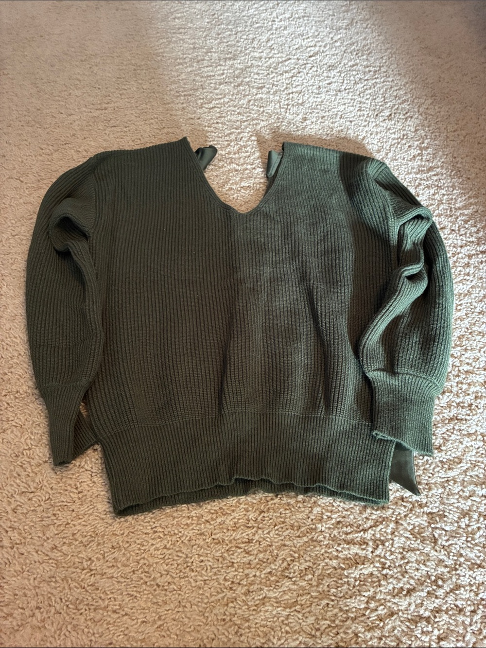 Olive Green V-Neck Ribbed Sweater - Women